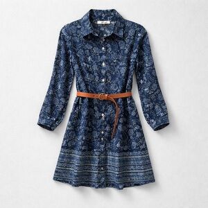 Blush Blue Long Sleeve Dress with Brown Belt